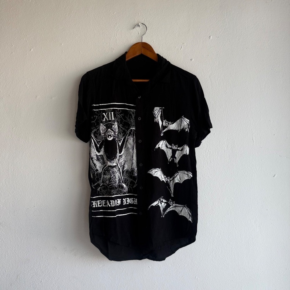 Hot Topic Black Button-Up Shirt with White Bat Graphic